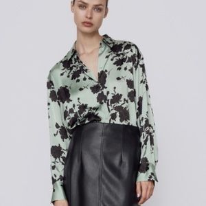 Zara Light Green Floral Satin Button Up